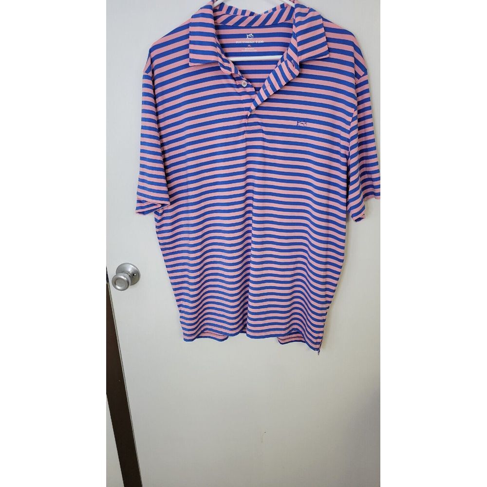 SOUTHERN TIDE XL Men's S/S Poly Spandex Mesh Golf Polo Shirt Blue Pink Striped